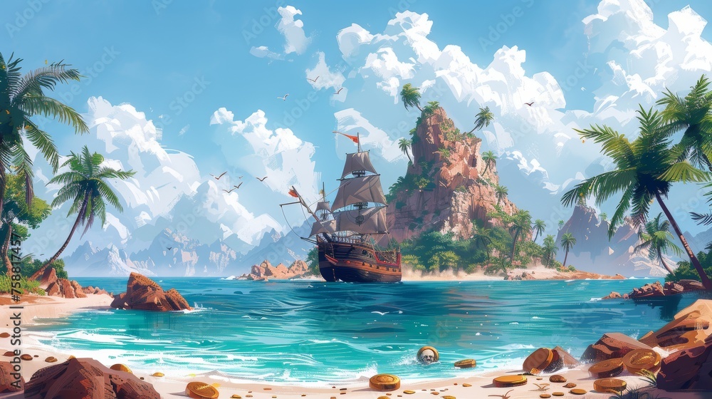 Naklejka premium Modern cartoon seascape with sail boat after shipwreck on uninhabited island with gold coins, palm trees, and a treasure chest on tropical island with broken pirate ships.