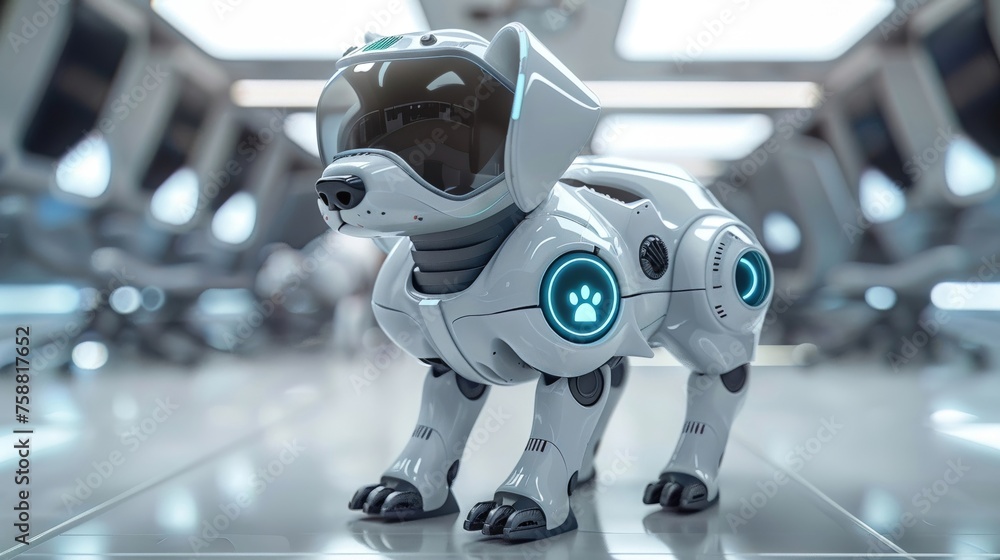 A futuristic depiction of a robotic dog flight attendant equipped with high-tech gadgets and tools to ensure a smooth flight experience for everyone on board. 3d render A futuristic depiction of a robotic dog flight attendant equipped with high-tech gadgets and tools to ensure a smooth flight experience for everyone on board. 3d render