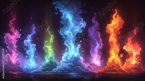Animated explosion with colorful clouds, smoke and fumes. Fire blast and weapon shot. Purple, green, blue, and red elemental magic spells explode in the air. Cartoon modern. photo