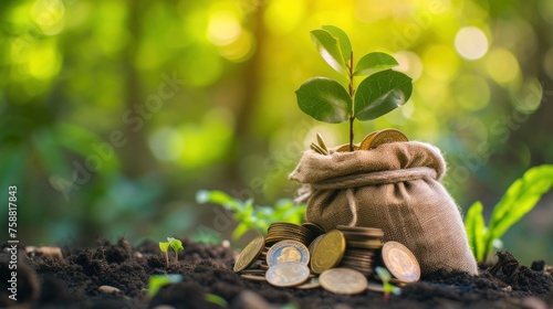 Growing tree with coin money bag on green background, investment and business concept photo
