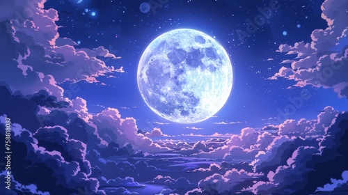 Anime style illustration of full moon and clouds