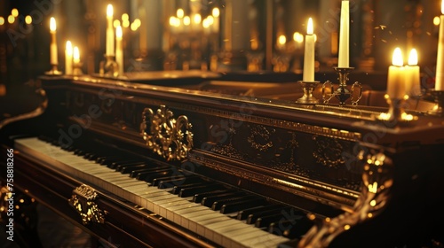 Antique ornate piano with burning candles in the interior of a old castle. Luxury illustration in vintage style