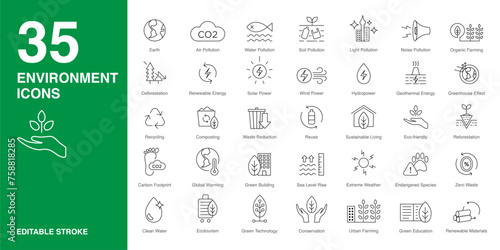 Environment icon set in line style. Enviroment simple black line style symbol sign for apps and website and infographic vector illustration.