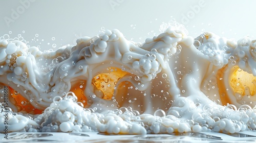 A realistic modern illustration of Beer Foam isolated on transparent background. A white soap froth texture with bubbles, seamless border, foamy frame, a seawave or ocean wave, laundry detergent