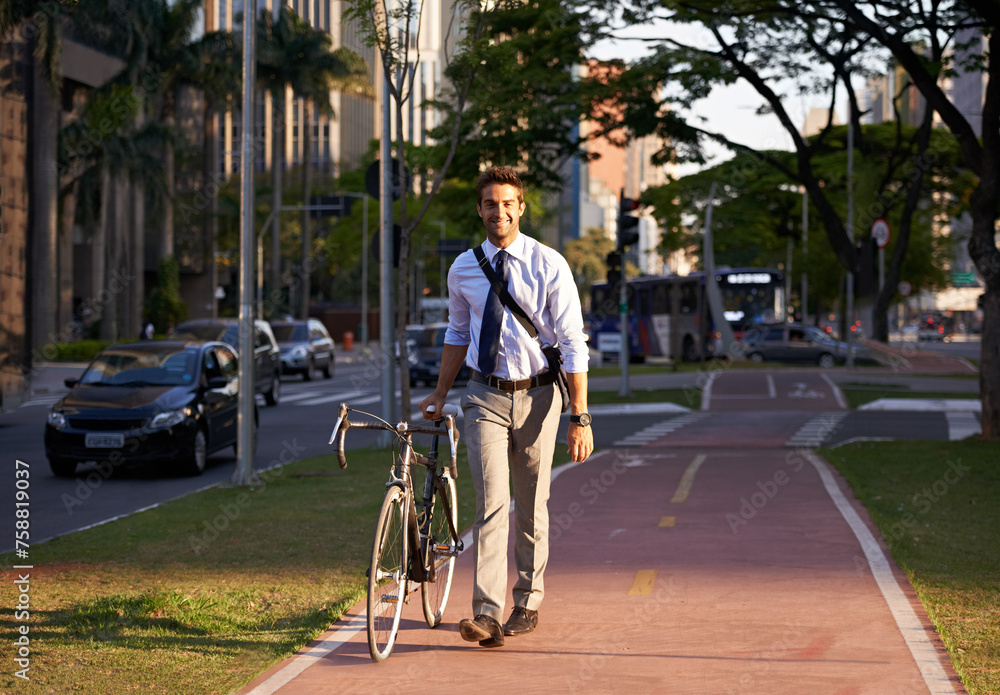 Bicycle, city and portrait of happy businessman for travel, morning commute and walking to work. Professional, urban town and person with bike for cycling, sustainable and eco friendly transport