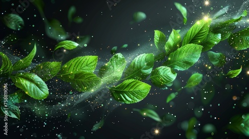 Air vortex with floating mint leaves and green leaves isolated on transparent background. Modern realistic illustration of an air vortex and wave. photo
