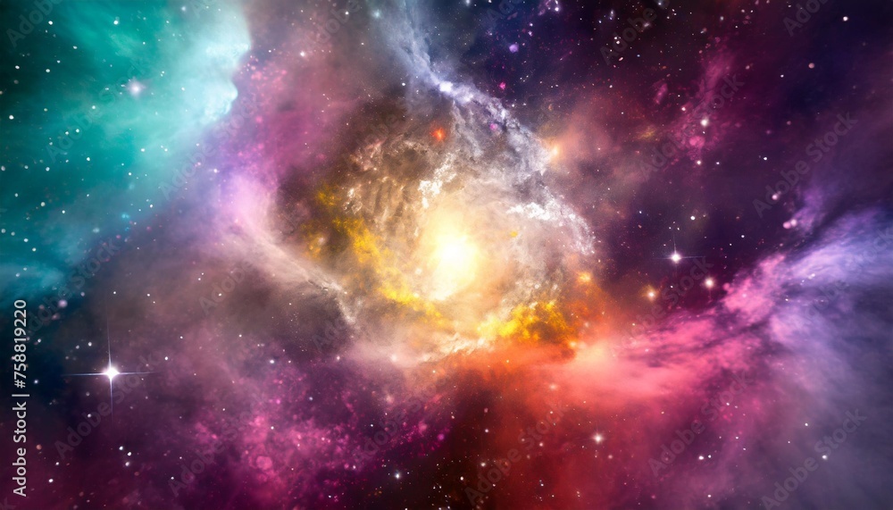 birth of a new star inside a multicolored nebula of colorful clouds of gas and cosmic dust abstract space background