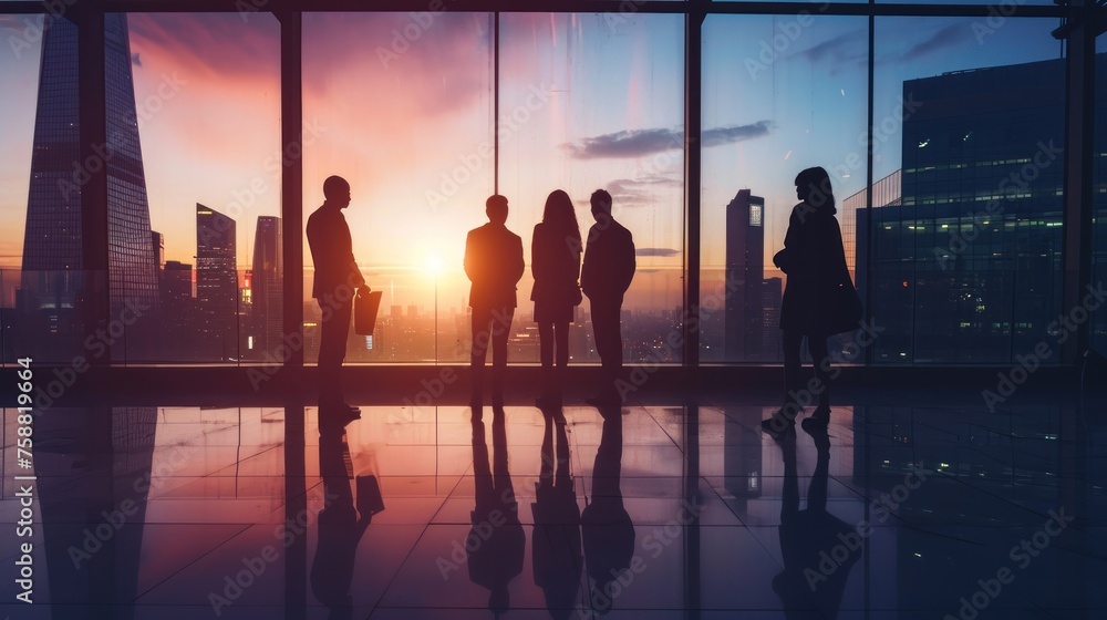 Silhouette concept of business people meeting in the office, sunrise background Silhouette concept of business people meeting in the office, sunrise background