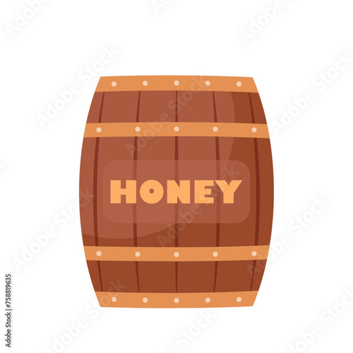 Wooden barrel with honey. Beekeeping farm concept. Honey beekeeping organic health product. Wooden Barrel full of honey. Vector illustration.
