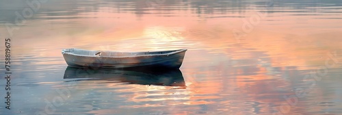 A tranquil lakeside scene with a lone rowboat drifting peacefully under the pastel hues of a setting sun.