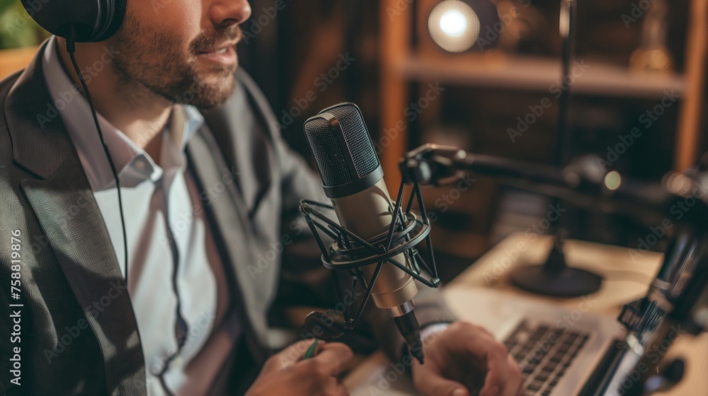 A business professional conducting a live podcast, sharing industry insights and interviewing influential figures in the business world. - obrazy, fototapety, plakaty 