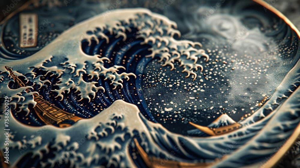 An Ornate Plate with the Great Wave Pattern 8K

