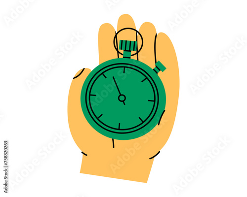 Hand drawn cute illustration hand holding timer clock. Flat vector time measurement device in doodle style. Stopwatch sticker. Deadline, limited in time. Time management. Sticking schedule. Isolated.