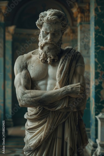 Mysterious ancient greek, roman male stoic statue, sculpture in dramatic lighting, shadows highlighting the impressive muscular build and classical beauty.  © Merilno