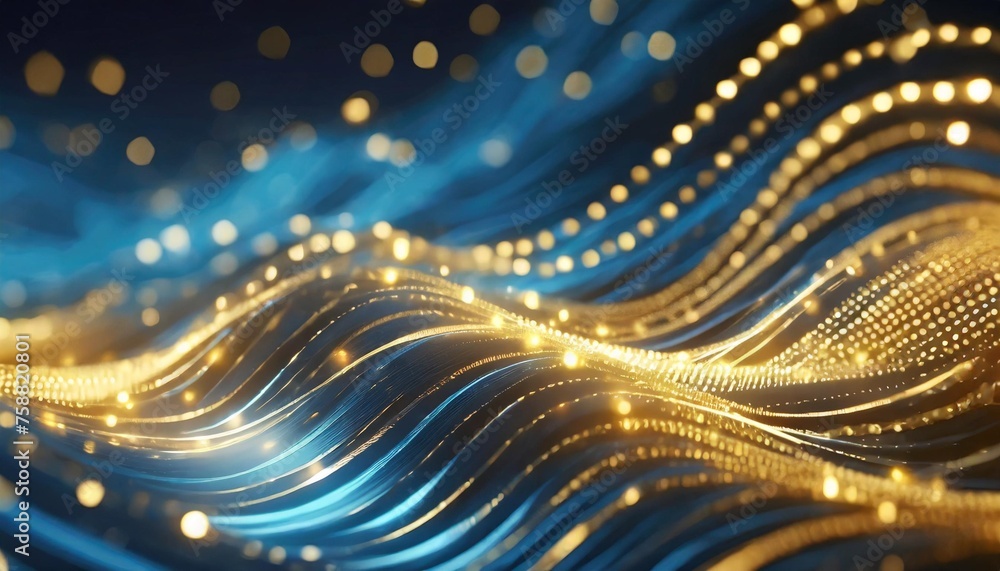 Obraz premium abstract futuristic background with gold and blue glowing neon moving high speed wave lines and bokeh lights visualization of sound waves data transfer concept fantastic wallpaper