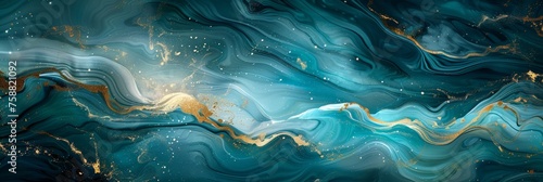 Swirling golden and blue hues dance across the canvas in a mesmerizing display of abstract artistry