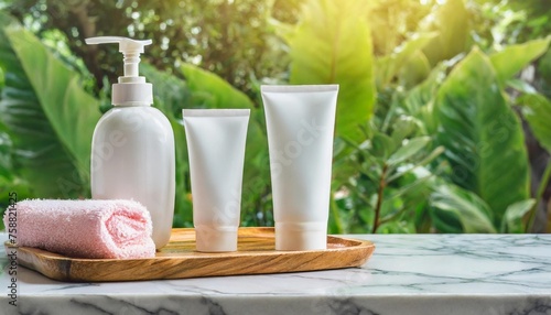 marble table with cleaning and skin care items with a defocused nature background