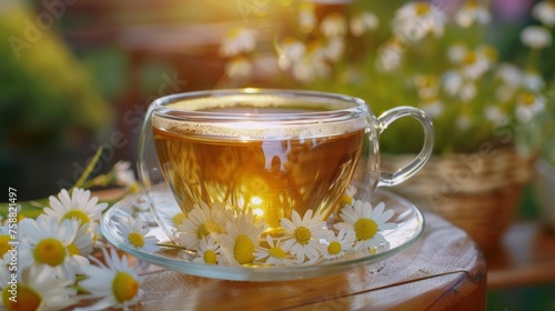 A clear tea cup with herbal tea and chamomile flowers in it. The concept of traditional medicine. A warm aromatic drink for a cozy atmosphere