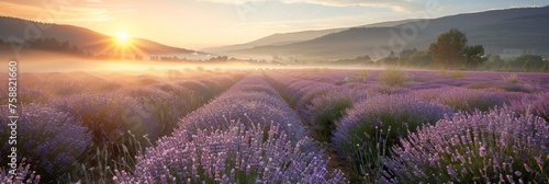 A field of lavender flowers dances in the setting suns golden glow, creating a serene and magical atmosphere