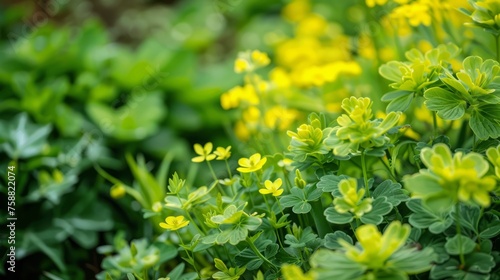 A collection of vibrant green and yellow flowers blooming together in a spring garden, showcasing a fresh burst of color and life