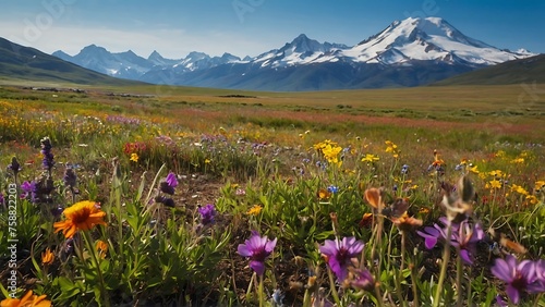 Beautiful alpine meadow landscape with wildflowers and snowcapped mountains photo