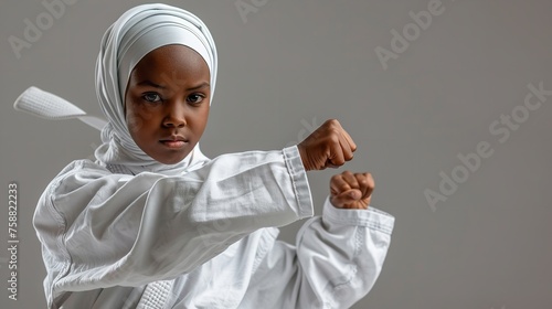 A young African Muslim girl in hijab learning karate against a clean white backdrop with space for text or product, Generative AI.