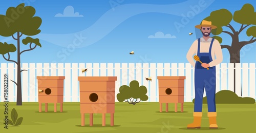 Beekeeper man at apiary, work with hives and honey bees. Apiarist at farm with beehives and flower garden panorama. Apiculture worker beekeeping. Vector illustration.