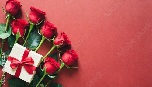 valentine s day banner red roses and gift box with ribbon over red background flat lay birthday abstract background with copy space