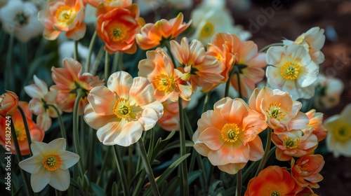 A collection of vibrant orange and white flowers blooming together in a spring garden, showcasing a fresh burst of color and life © vannet
