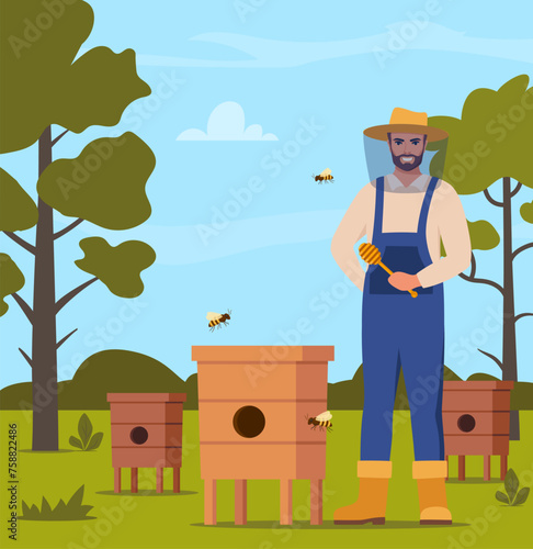 Beekeeper man at apiary, work with hives and honey bees. Apiarist at farm with beehives and flower garden panorama. Apiculture worker beekeeping. Vector illustration.