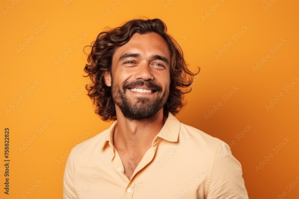 Portrait of a handsome young man with long curly hair laughing against orange background Portrait of a handsome young man with long curly hair laughing against orange background