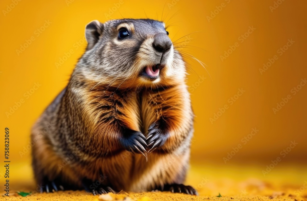 Obraz premium Groundhog day,groundhog on yellow background,small animal standing on hind legs