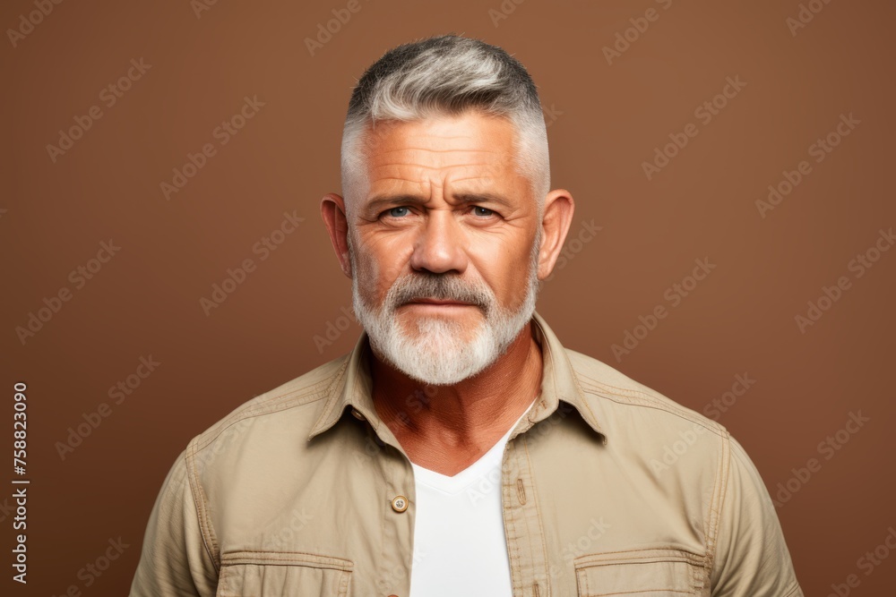 Portrait of a senior man with grey hair and beard on a brown background. Portrait of a senior man with grey hair and beard on a brown background.