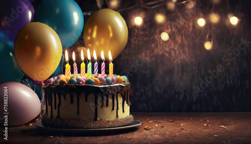 Happy birthday cake with candles, balloons in soft focus background Copy Space photo