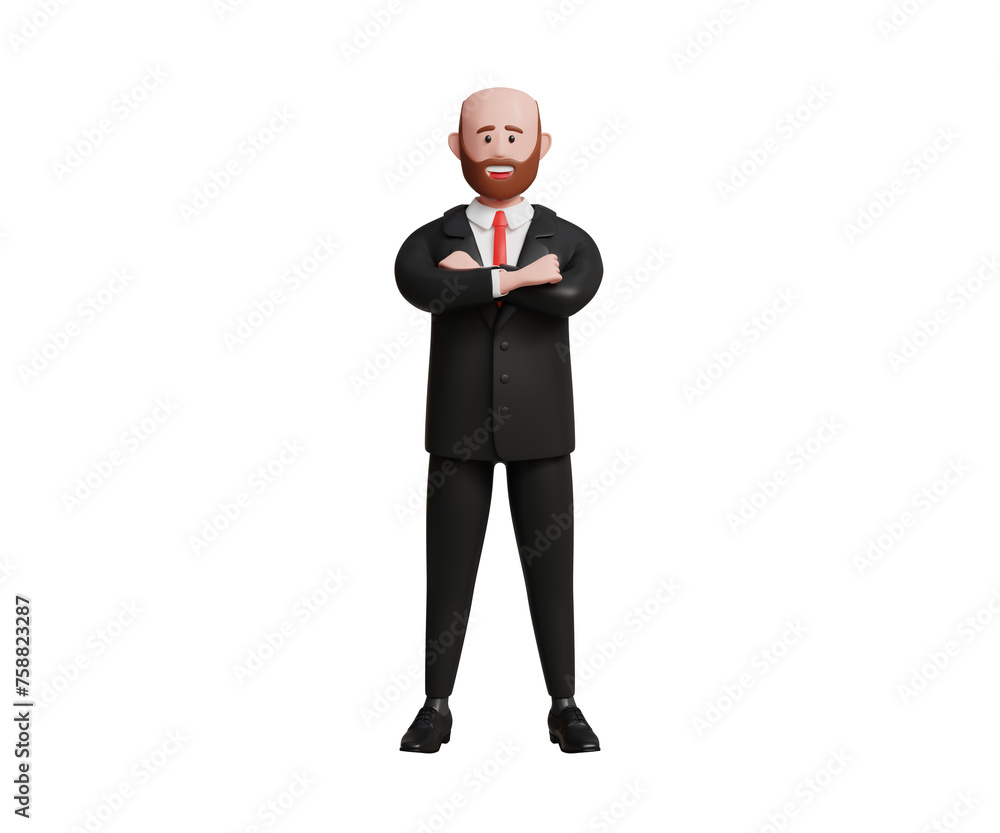 3D confident adult businessman in black suit standing with crossed arms. CEO, entrepreneur, leadership, success, management concept. 3d illustration 3D confident adult businessman in black suit standing with crossed arms. CEO, entrepreneur, leadership, success, management concept. 3d illustration