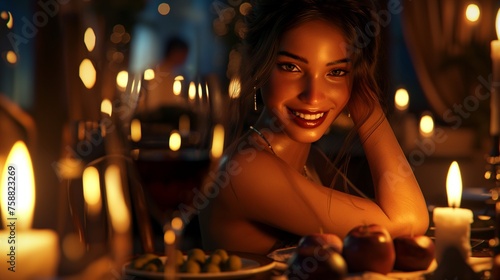 A candlelit dinner, a smiling model girl in an intimate setting.