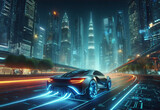 A sleek sports car cruises through a neon-lit cityscape at night. This futuristic car embodies the spirit of innovation and urban transportation. 