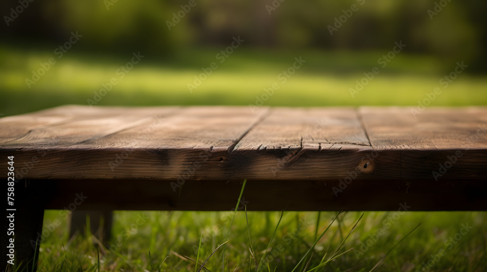 Empty wooden table in front of grass background - obrazy, fototapety, plakaty 