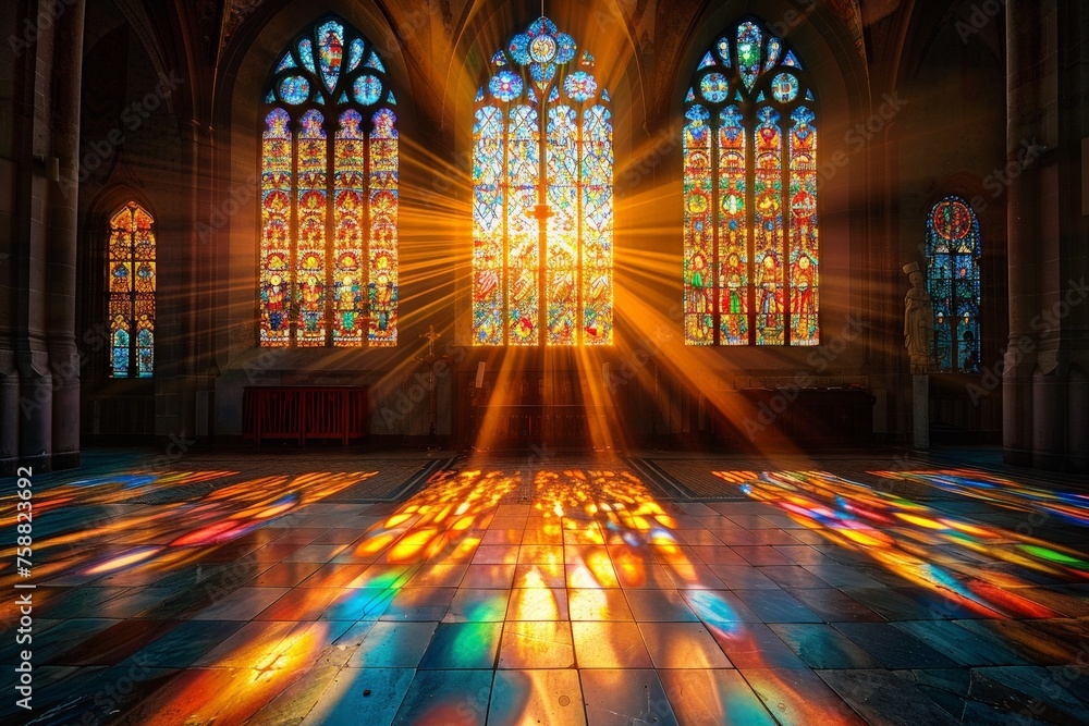 A grand cathedral stands tall, its towering structure adorned with numerous colorful stained glass windows, casting vibrant hues throughout the sacred space