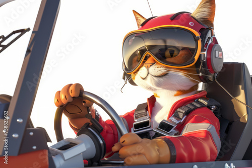 The cat in the helmet sits behind the wheel of a sports car or aircraft. photo
