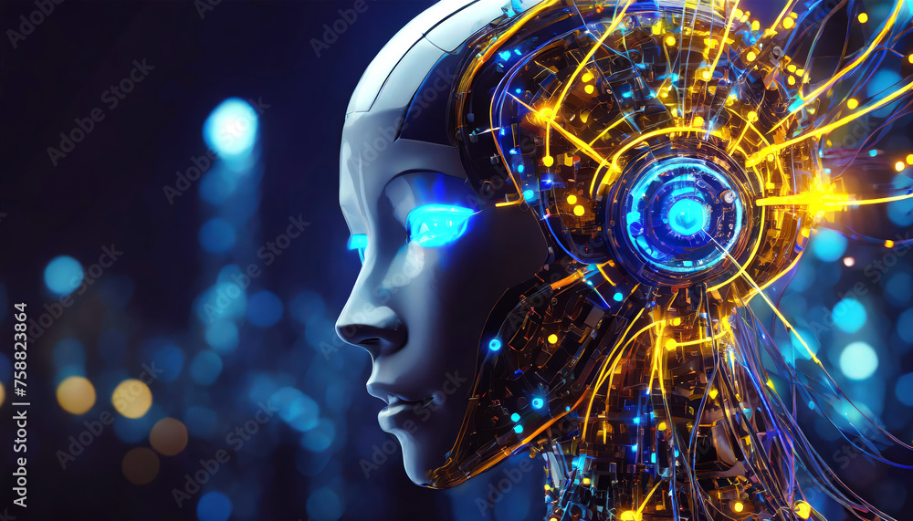 Side view of a 3d humanoid robot head with vibrant color neural network Side view of a 3d humanoid robot head with vibrant color neural network