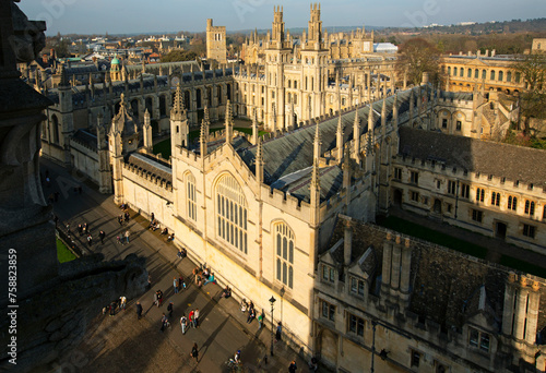 Aerial view of the ancient University of 'All souls College' in Oxford at dusk © allan