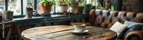 A wooden table with a white cup of coffee on it. The table is surrounded by potted plants and a couch. The scene is cozy and inviting, with a warm and comfortable atmosphere