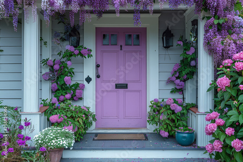 A majestic purple door stands in a garden of lush purple flowers and vibrant greenery, creating a scene of enchanting beauty and mystery