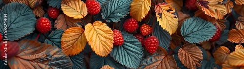 A close up of red berries on a leafy green bush. Concept of freshness and abundance, as the berries are ripe