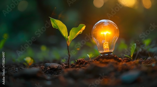 A light bulb is glowing in the dirt next to a plant