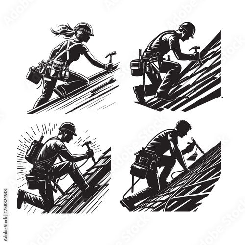 A set of black and white silhouette illustrations showcasing dynamic workers engaged in roofing and construction activities, embodying teamwork, craftsmanship, and industry dedication.