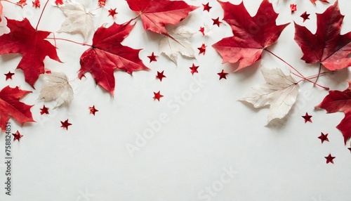 canada day party theme top view flat lay of red maple leaves red white confetti on white background with empty frame for text or advert