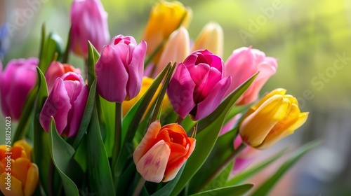 Beautiful Bouquet of vivid colorful tulips flowers #758825023