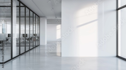 Fototapeta Naklejka Na Ścianę i Meble -  mock up Spacious office interior with white walls, windows with city view. 3d rendering